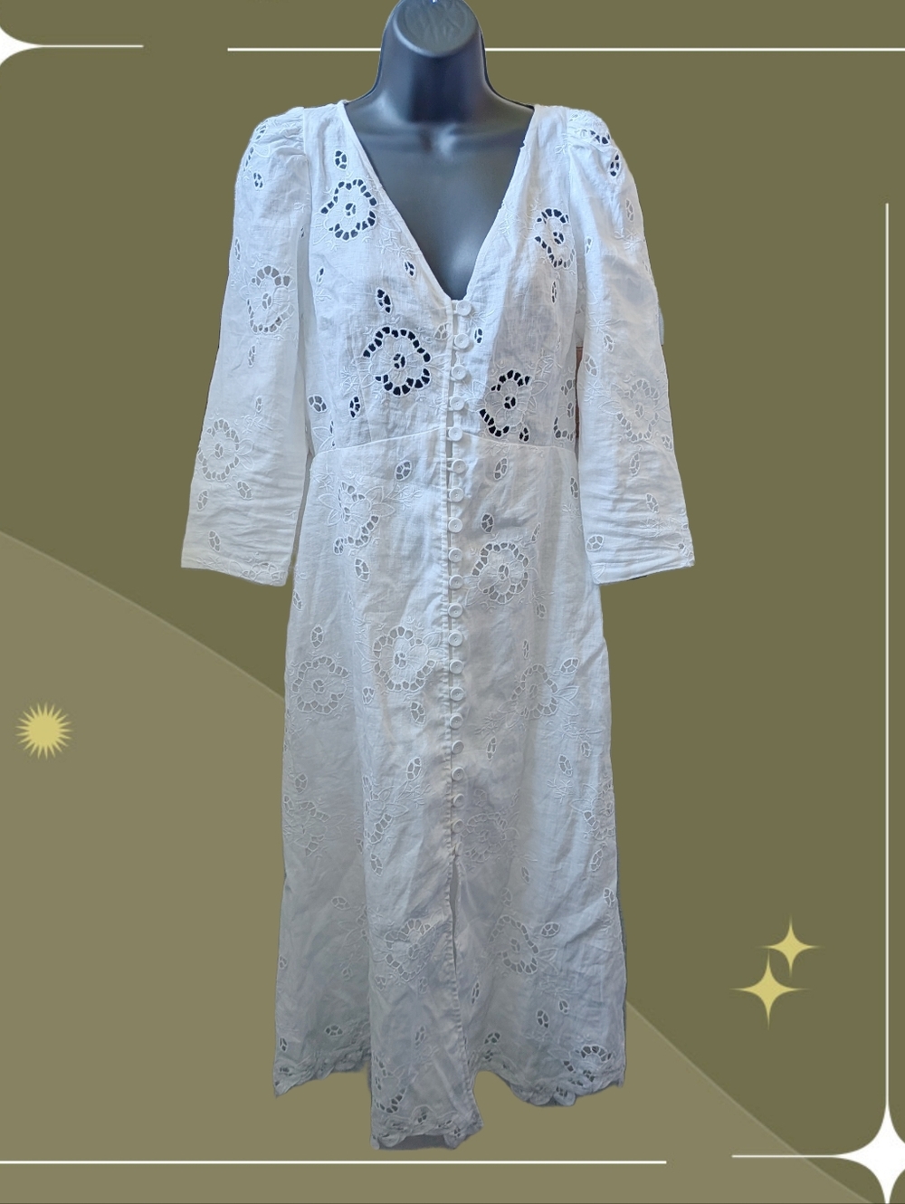✨ nwt Rebecca Taylor Terri Embroidered Dress white linen midi dress Size 6